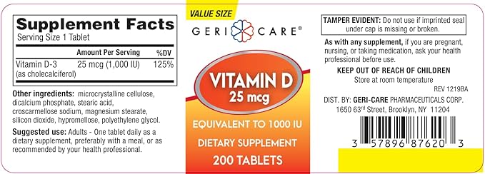 GeriCare Vitamin D-3 25 mcg (1,000 IU) – Supports Strong Bones, Healthy Mood & Immune Defense – Daily Support Supplement for Overall Well-Being – 200 Tablets (Pack of 1)