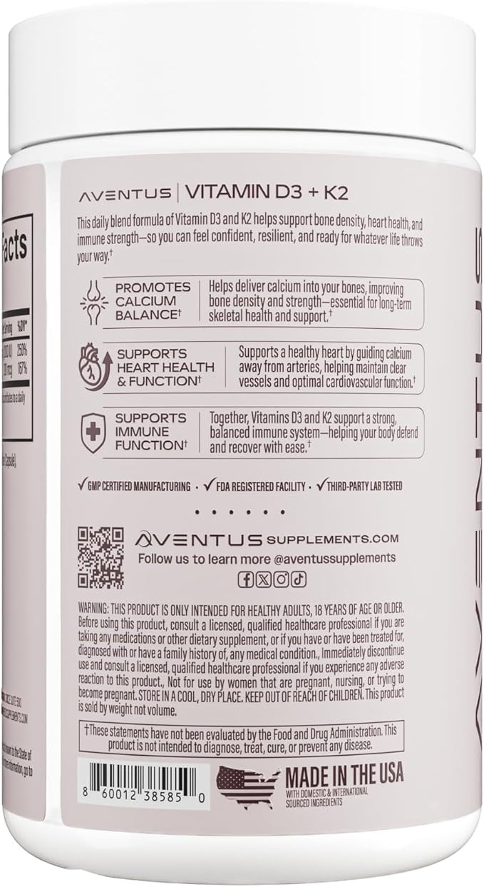 Aventus Women’s Daily Vitamin D3 + K2, 2,000 IU D3 & 100 mcg K2, 60 Vegan Capsules, Supports Bone, Heart & Immune Health