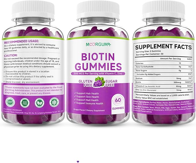 Sugar Free Biotin Hair, Skin & Nails Gummies, Supports Healthy Hair, Skin and Stronger Nails, with Vitamin C, Zinc Chewable Vitamin B7 Supplements for Women & Men, Vegan, Non-GMO, Grape, 60 Count