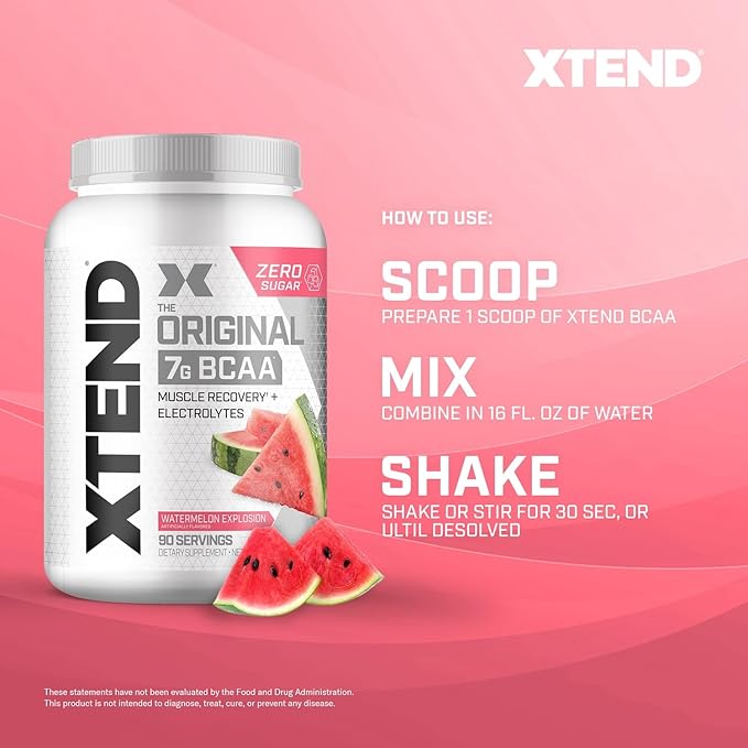 Xtend Original BCAA Powder, 7g BCAAs and 2.5g L-Glutamine for Muscle Recovery Hydration and Lean Muscle, Sugar Free Intra and Post Workout Drink with Electrolytes, Watermelon Explosion, 90 Servings