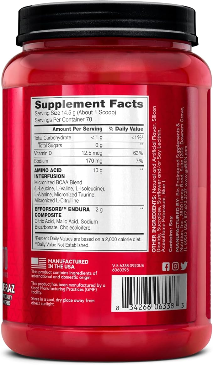 BSN Amino X Muscle Recovery & Endurance Powder with BCAAs, 10 Grams of Amino Acids, Keto Friendly, Caffeine-Free, Support Endurance, Zero Sugar, Blue Raz, 70 servings, 35.84 Ounce (Packaging May Vary)
