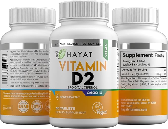 HAYAT Vitamins Vegan Natural Vitamin D 2400 IU, D2, Certified Halal (Pack of 2)