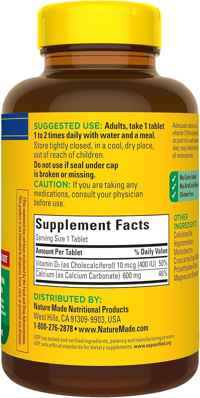 Nature Made Calcium 600 mg with Vitamin D3, Dietary Supplement for Bone Support, 220 Tablets
