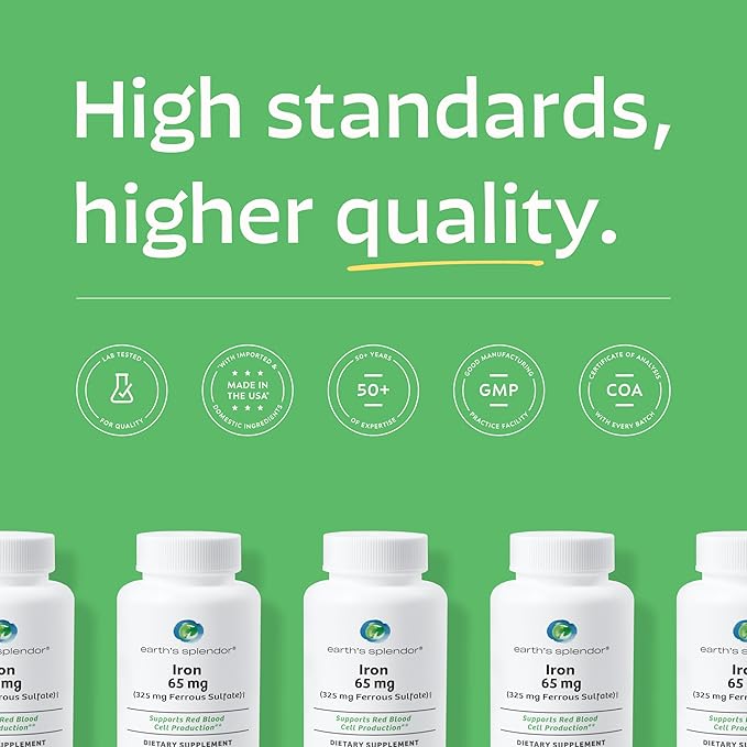 Earth's Splendor Iron 65mg USP, 325mg Ferrous Sulfate Tablets - Energy Production, Oxygen Transportation, Overall Health - 3 Month Supply