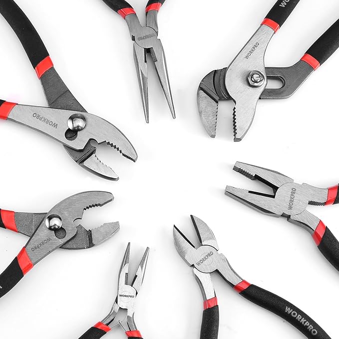 WORKPRO 7-piece Pliers Set with Groove Joint, Long Nose, Slip Joint, Linesman, and Diagonal Pliers for DIY & Home Use, Black