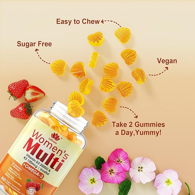 Womens Multivitamin Gummy with Omega 3(DHA/EPA), Vitamin D3 K2, Calcium, Inositol, Daily Womens Vitamin A C E B Complex, L-MethylFolate, Methyl B12,Sugar Free Methylated Multivitamins Minerals, 120Cts