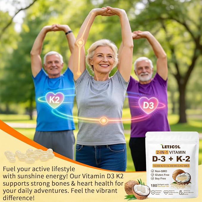 2-in-1 Vitamin D3 K2 Supplement Softgel, Vitamin D3 10000 IU and Vitamin K2 200 mcg, K2 MK7 with D3 Vitamin Supplement Support Immune, Heart, Joint, Teeth & Bone Health