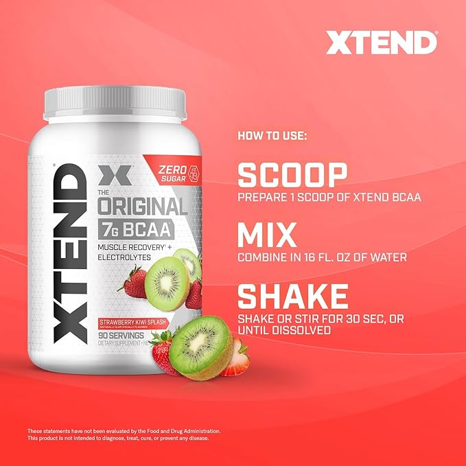 Xtend Original BCAA Powder, 7g BCAAs and 2.5g L-Glutamine for Muscle Recovery Hydration and Lean Muscle, Sugar Free Intra and Post Workout Drink with Electrolytes, Strawberry Kiwi Splash, 90 Servings