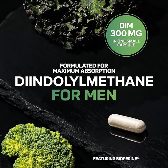 DIM Supplement for Men 300mg | Estrogen Blocker & Aromatase Inhibitor | Extra Strength Men’s Hormone Balance & Fitness Booster with Diindolylmethane Plus CDG & Broccoli Floret | Gluten-Free | 120 Ct