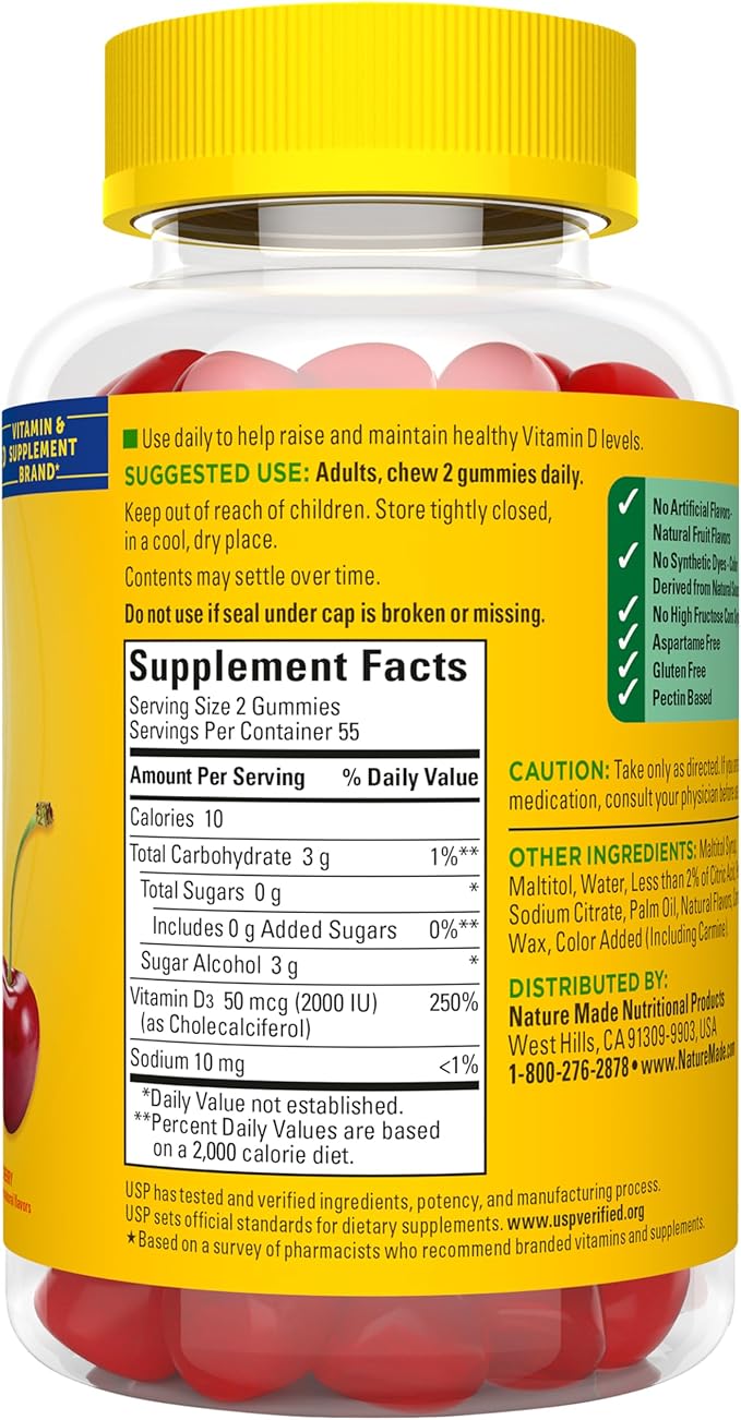 Nature Made Zero Sugar Vitamin D3 Gummies 2000 IU (50 mcg) Per Serving, Bone & Immune Support, Aspartame Free, 110 Vitamin D Gummies, 55 Day Supply