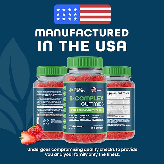 Gummies de complexe de vitamine B pour adultes, complément de vitamine B complexe pour femmes et hommes, gummies de complexe de vitamines B pour l'énergie et la santé du cerveau, saveur naturelle de fraise, 60 unités