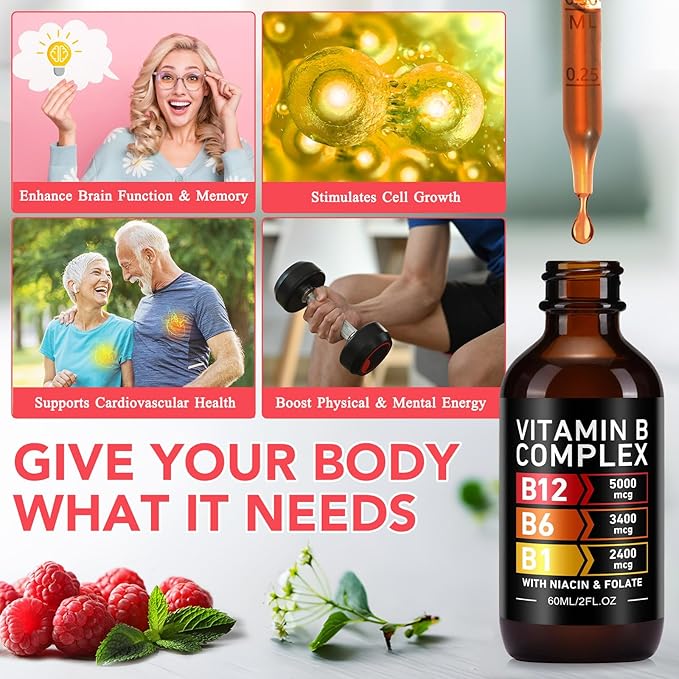 Organic Vitamin B Complex Drops for Men & Women | Vitamin B12 Methylcobalamin, B6, B1, B9 for Metabolic Health Support | Immune Support, Non-GMO, Gluten Free - 2 Month Supply 60ML