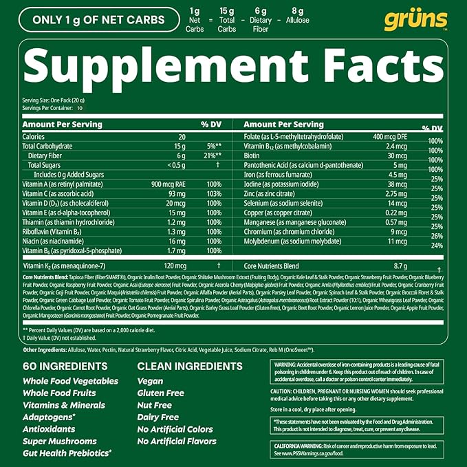 Gruns Sugar-Free Super Greens Gummies, Multivitamin Superfood Gummy Bears, Spirulina, Chlorella, Prebiotics & Fiber gummies for Digestive Health, Adaptogens Supplement, 20 Vitamins & Minerals, 10 pack