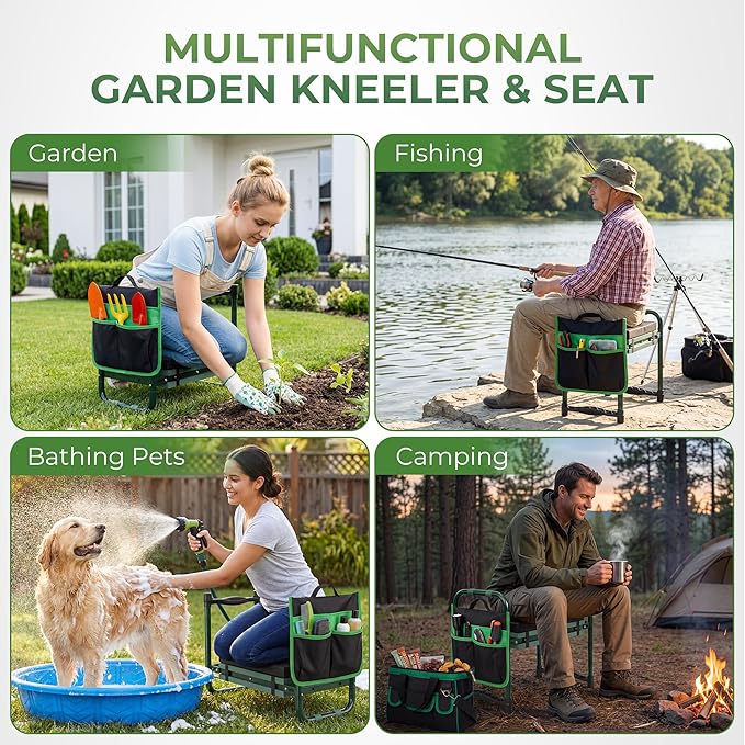 Walensee Foldable Garden Kneeler and Seat Bench with Cross-Body Tool Bag, Removable Tool Pouch, Heavy Duty Garden Stool with Soft Kneeling Pad, No Assembly,Ideal Gardening Gift for Mom Women Seniors