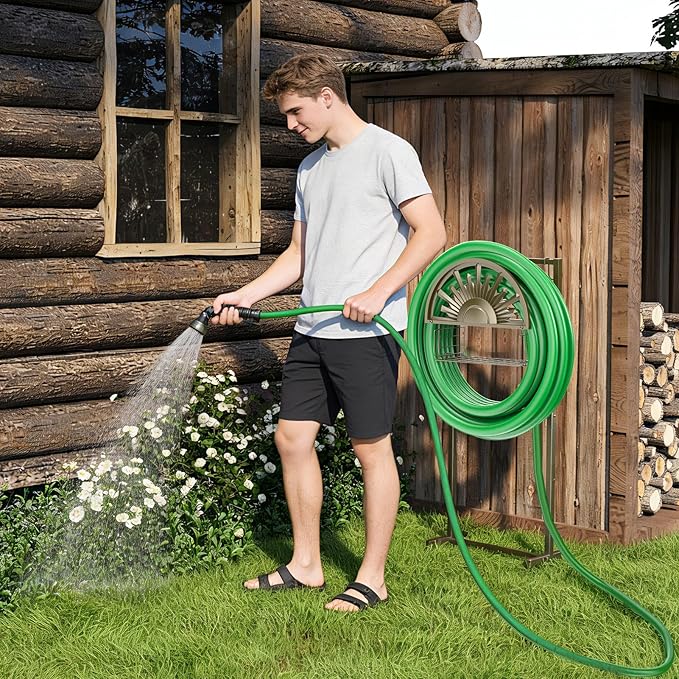 GOFORWILD Garden Hose Reel Winding Reel- Freestanding Water Hose Stand with Storage Basket, Holds 150ft of 5/8 Hose for Outside Patio Yard Lawn with 2 Hooks