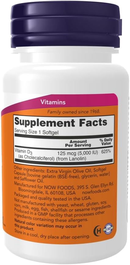 Now Foods Vitamin D3 (Cholecalciferol) - 5,000 IU, 360 Softgels - High Potency Bone Health and Immunity Support Supplement, Mood Booster - Halal, Kosher - 360 Count (Pack of 1)