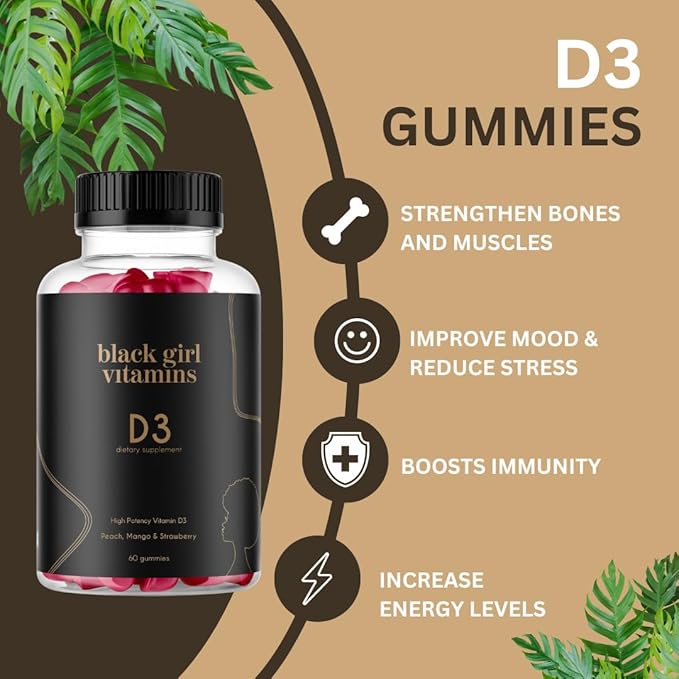 Black Girl Vitamins - ビタミンD3/K2グミ、免疫力、エネルギー、骨のサポートに、2000IU（50mcg）ビタミンD配合、グルテンフリービタミンDグミ