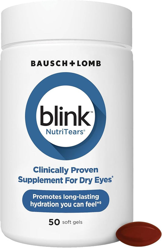 Blink NutriTears Clinically Proven Supplement for Dry Eyes, Eye Care with Lutein & Zeaxanthin and Vitamin D to Hydrate Eyes from Within for Long-Lasting Relief, 50 Softgels