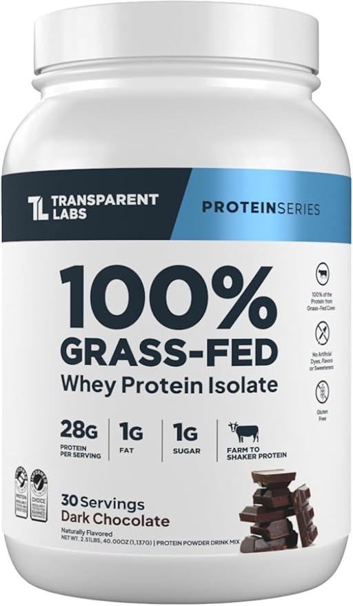 Transparent Labs Grass-Fed Whey Protein Isolate - Naturally Flavored, Gluten Free Whey Protein Powder with 28g of Protein per Serving & 9 Amino Acids - 30 Servings, Dark Chocolate