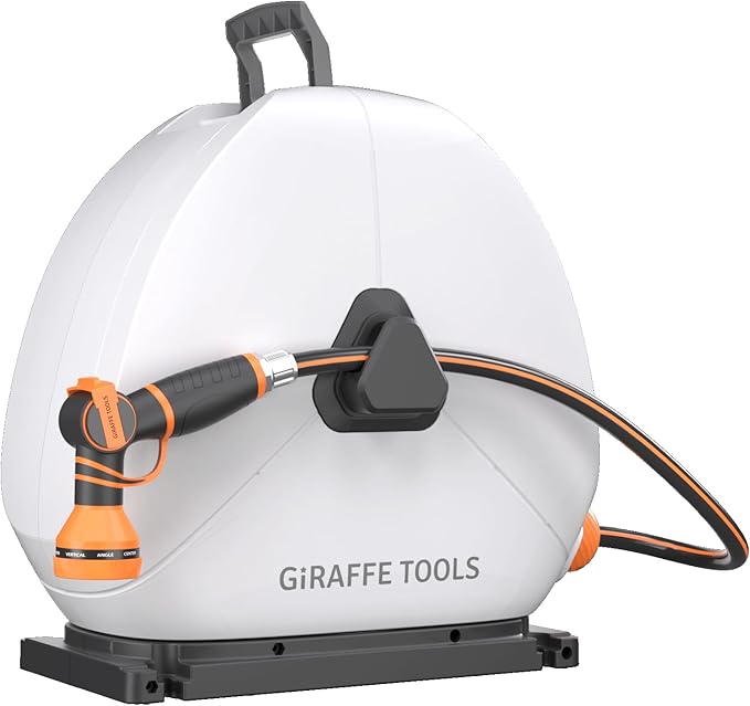 Giraffe Tools Retractable Heavy Duty Hose Reel, 5/8" x 92FT Automatic Rewind Garden Hose Reel with 360° Swivel Base, Ground Mounted for Lawn, Patio, Concrete Floor & Yard Watering