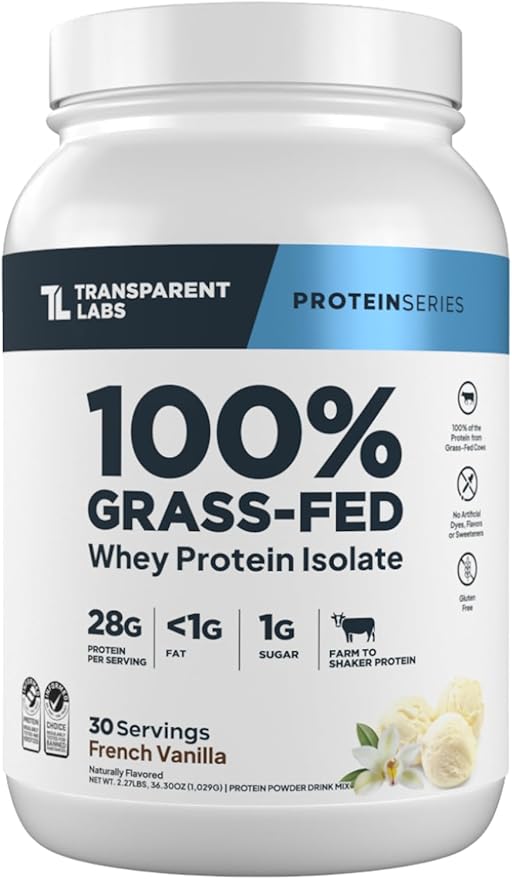 Transparent Labs Grass-Fed Whey Protein Isolate - Naturally Flavored, Gluten Free Whey Protein Powder with 28g of Protein per Serving & 9 Amino Acids - 30 Servings, French Vanilla