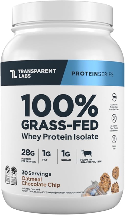 Transparent Labs Grass-Fed Whey Protein Isolate - Naturally Flavored, Gluten Free Grassfed Whey Protein Powder w/ 28g Protein per Serving & 9 Amino Acids - 30 Servings, Oatmeal Chocolate Chip Cookie
