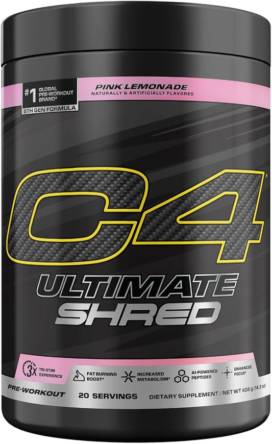 Cellucor C4 Ultimate Shred Pre Workout Powder, Metabolism Supplement with Cayenne Extract+300mg Caffeine+TeaCrine+Dynamine - Pink Lemonade, 20 Servings