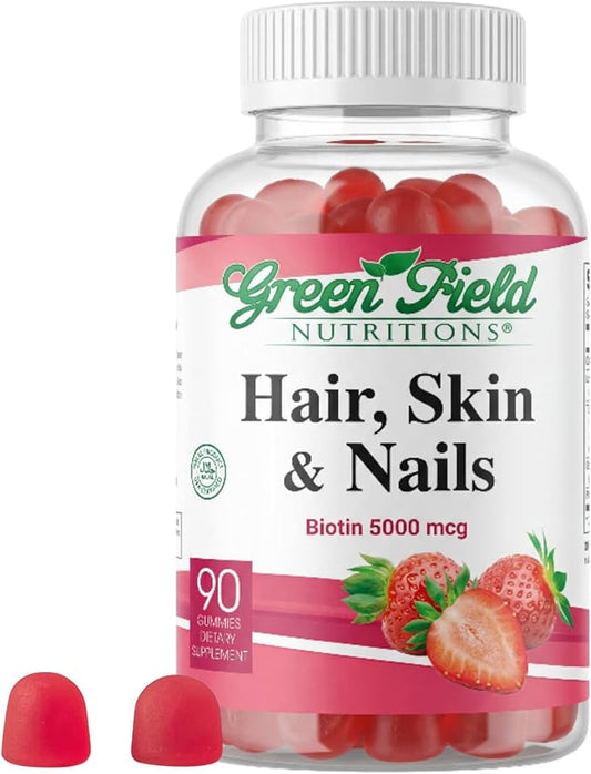 Greenfield Nutritions - Halal Biotin Gummies Vitamin for Hair, Skin and Nails, Supports Fat Metabolism, Hair Growth, Strong Nails & Clear Skin, Gelatin Free, Non-GMO, and Gluten Free - 90 Gummies