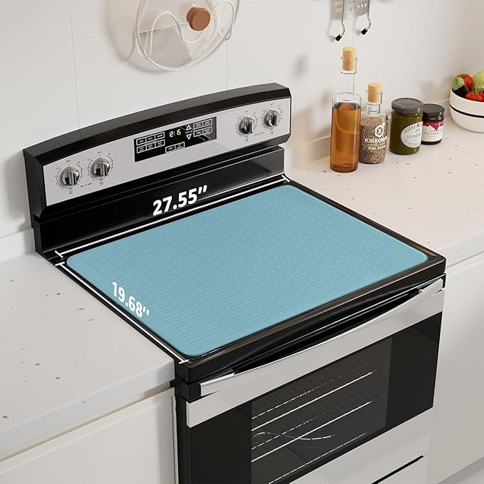 Stove Top Cover for Electric Stove - Food Grade Ceramic Stove top Cover, Silicone XXL Dish Drying Mat, Glass Cooktop Covers, Flat RV Range top Mats (Blue Thickened,28x20)