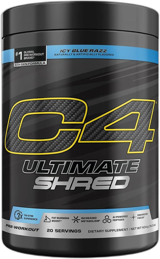 Cellucor C4 Ultimate Shred Pre Workout Powder, Fat Burner for Men & Women, Weight Loss Supplement with Ginger Root Extract, Icy Blue Razz, 20 Servings