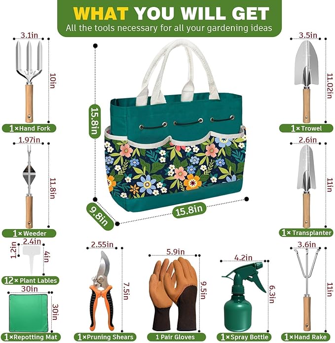 22Pcs Gardening Tools Set for Women Heavy Duty Garden Hand Tools Kit Garden Gifts for Mothers Day Mom Beginner Gardening Accessories with Tote Bag/Shovels/Repotting Mat/Plant Labels/Gloves-Dark Green