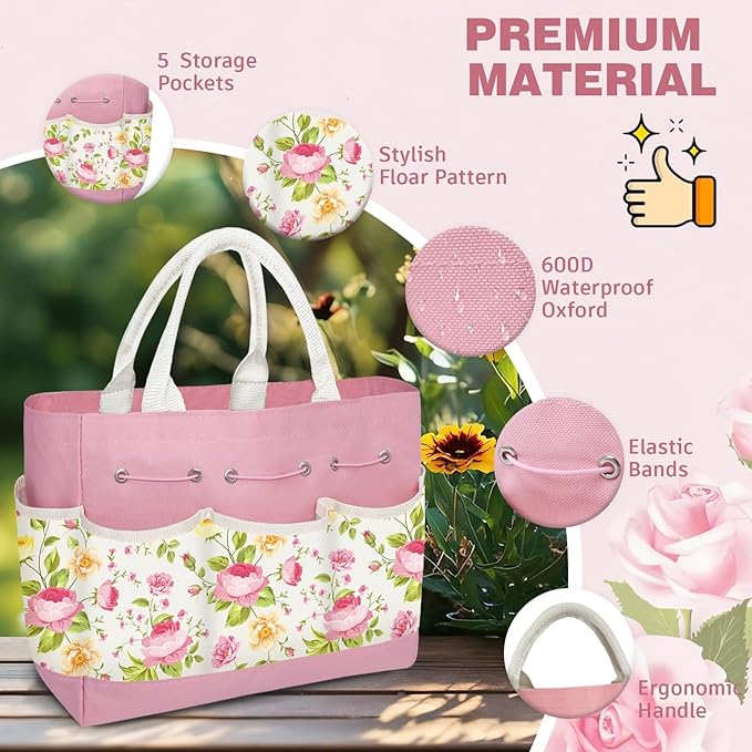 22PCS Garden Tools Set for Women,Mothers Day Garden Gifts for Mom Beginner,Heavy Duty Hand Tool Kit Gardening Supplies Included Handy Tote Bag/Trowel/Repotting Mat/Rake/Pruner/Gloves/Plant Tags -Pink