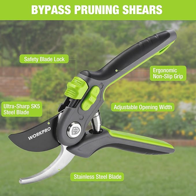 WORKPRO Bypass Pruning Shears for Gardening, 8" Garden Scissors with Dual-Size Opening for Thin & Thick Branches, Garden Clippers with Sharp SK5 Steel Blades for Pruning, Cutting and Fruit Picking