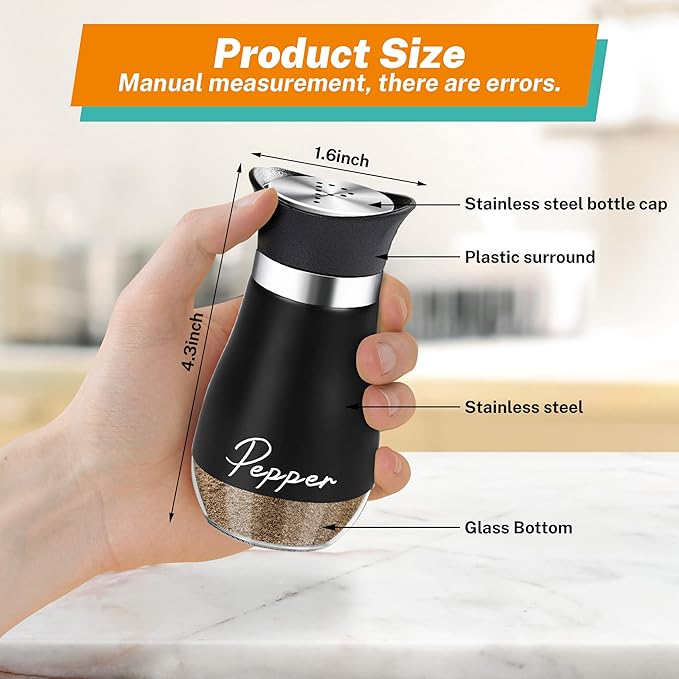 Salt and Pepper Shakers Set,4 oz Glass Bottom Salt Pepper Shaker with Stainless Steel Lid for Kitchen Gadgets Cooking Table, RV, Camp,BBQ Refillable Design (Black)