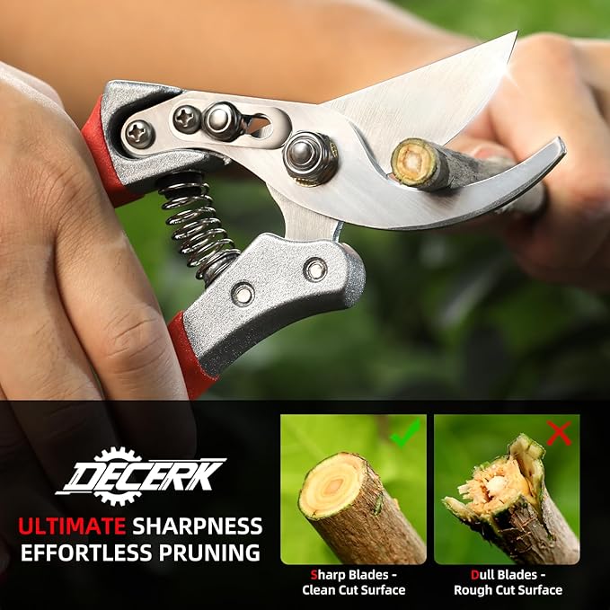 DECERK Professional Bypass Pruning Shears, Ultra Sharp Garden Scissors & Clippers, Effortless 3/4" Branch Hedge Clippers