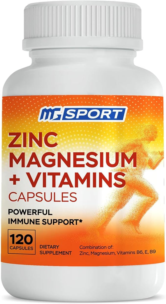 MgSport ZMA Supplement with Clinically Tested Zinc Magnesium for High Absorption - Enhanced with Vitamins B6 B9 for Muscle Recovery - Gentle on Stomach Formula, 120 Capsules