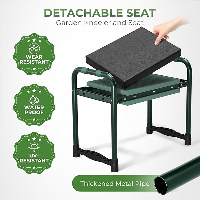 Walensee Foldable Garden Kneeler and Seat Bench with Cross-Body Tool Bag, Removable Tool Pouch, Heavy Duty Garden Stool with Soft Kneeling Pad, No Assembly,Ideal Gardening Gift for Mom Women Seniors