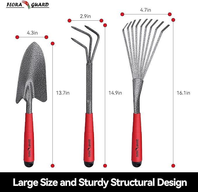 FLORA GUARD 6-Piece Garden Tool Set, Heavy Duty Gardening Hand Tools,Includes Trowel, Rake, 2-in-1 Hoe & Crack Weeder, Durable Yard Gardening Tools, Ideal Gardening Gift for Men & Women