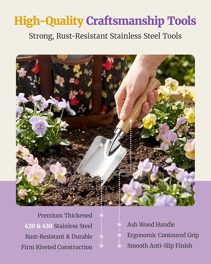 10-Piece Garden Tool Set, Heavy-Duty Stainless Steel Rust-Proof Gardening Tools with Ergonomic Wood Handles, Reinforced Organizer Handbag for Planting, Gardening Gift Set for Women, Mother