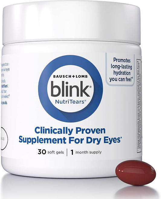 BLINK NutriTears Clinically Proven Supplement for Dry Eyes, Eye Care with Lutein & Zeaxanthin and Vitamin D to Hydrate Eyes from Within for Long-Lasting Relief, 30 Day Supply, 1 Softgel Per Day