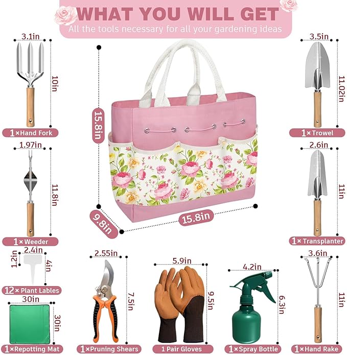 22PCS Garden Tools Set for Women,Mothers Day Garden Gifts for Mom Beginner,Heavy Duty Hand Tool Kit Gardening Supplies Included Handy Tote Bag/Trowel/Repotting Mat/Rake/Pruner/Gloves/Plant Tags -Pink