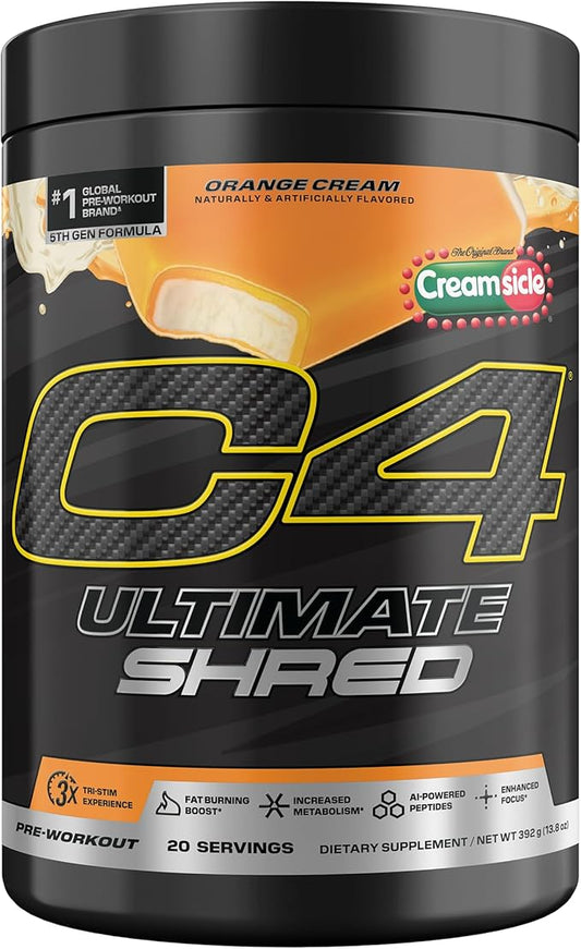 Cellucor C4 Ultimate Shred Pre Workout Powder, Metabolism Supplement with Cayenne Extract+300mg Caffeine+TeaCrine+Dynamine - Orange Creamsicle, 20 Servings