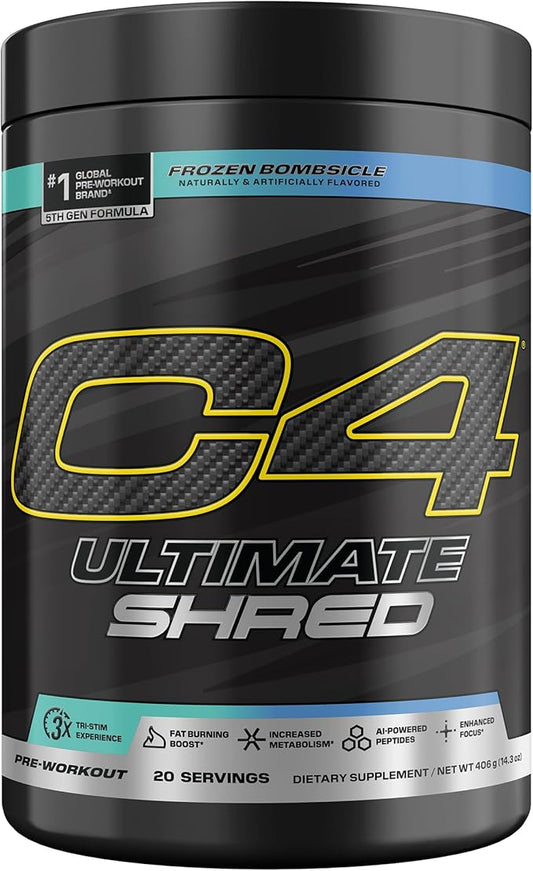 Cellucor C4 Ultimate Shred Pre Workout Powder, Metabolism Supplement with Cayenne Extract+300mg Caffeine+TeaCrine+Dynamine - Frozen Bombsicle, 20 Servings