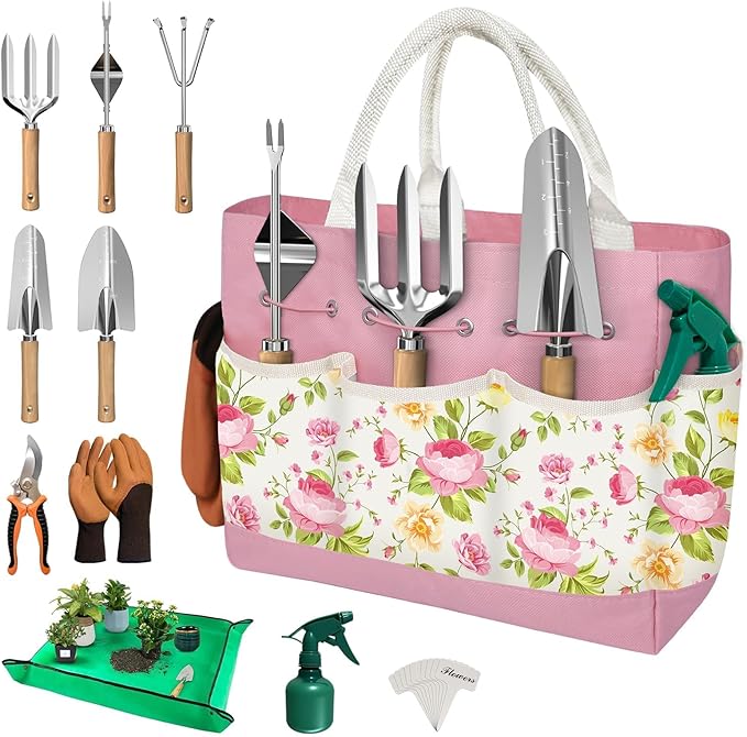 22PCS Garden Tools Set for Women,Mothers Day Garden Gifts for Mom Beginner,Heavy Duty Hand Tool Kit Gardening Supplies Included Handy Tote Bag/Trowel/Repotting Mat/Rake/Pruner/Gloves/Plant Tags -Pink