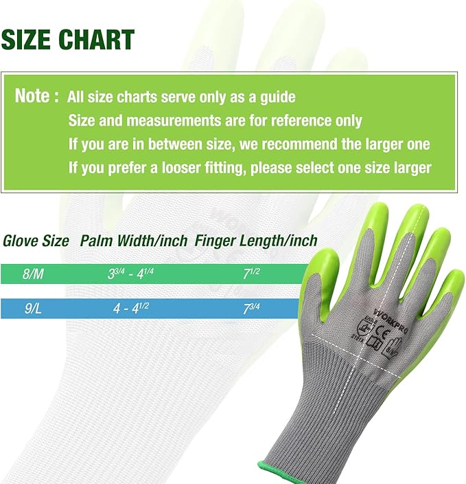 WORKPRO 6 Pairs Garden Gloves, Work Glove with Eco Latex Palm Coated, Gardening Gloves, Working Gloves for Weeding, Digging, Raking, and Pruning (Medium)
