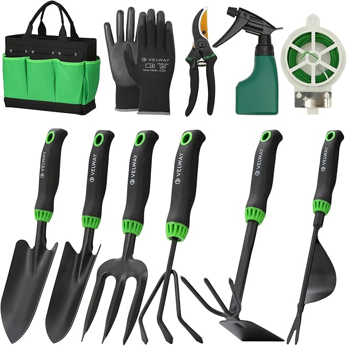 Velway Garden Tools Set -11-Piece Heavy Duty Hand Tool Kit with Ergonomic Handles, Rust-Proof, Carry Tote Bag – Gardening Gifts for Women & Men (Green)