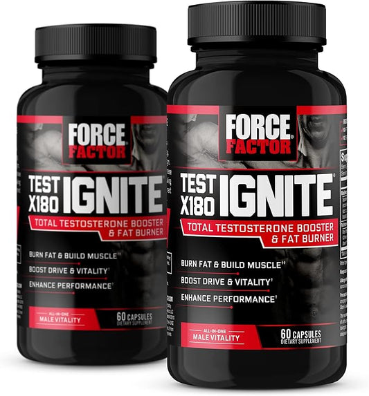 Force Factor Test X180 Ignite, Testosterone Booster & Fat Burner for Men, Testosterone Supplement to Burn Fat, Build Muscle, Increase Energy, and Boost Vitality and Performance, 60 Count (Pack of 2)