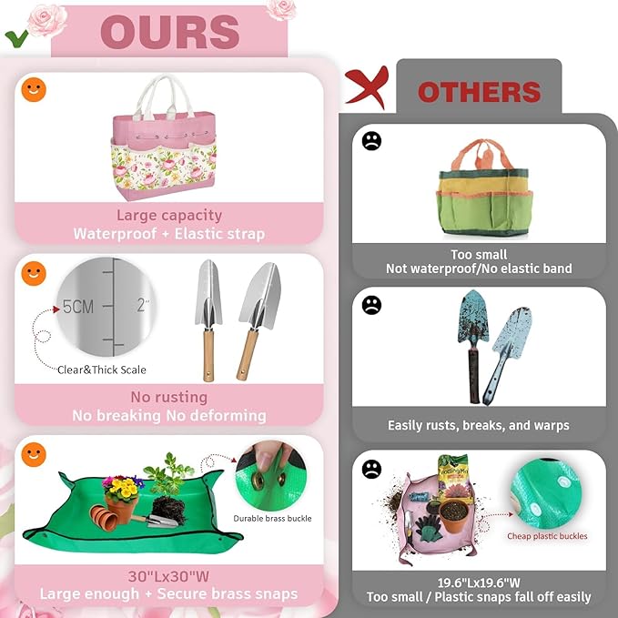 22PCS Garden Tools Set for Women,Mothers Day Garden Gifts for Mom Beginner,Heavy Duty Hand Tool Kit Gardening Supplies Included Handy Tote Bag/Trowel/Repotting Mat/Rake/Pruner/Gloves/Plant Tags -Pink