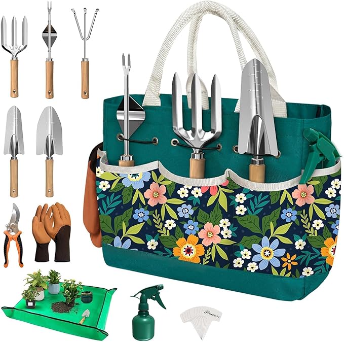 22Pcs Gardening Tools Set for Women Heavy Duty Garden Hand Tools Kit Garden Gifts for Mothers Day Mom Beginner Gardening Accessories with Tote Bag/Shovels/Repotting Mat/Plant Labels/Gloves-Dark Green