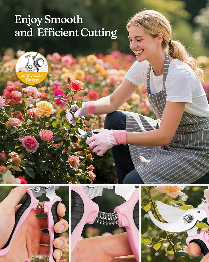 Grenebo 12-Piece Womens Gardening Tools Gift Set, Rust-Proof & Heavy-Duty Garden Tools with Durable Carrying Case, Fashionable & Thoughtful Gardening Gifts for Women&Men (Pink-Silver)
